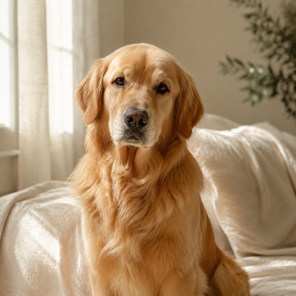 A calm golden retriever sitting in warm window light